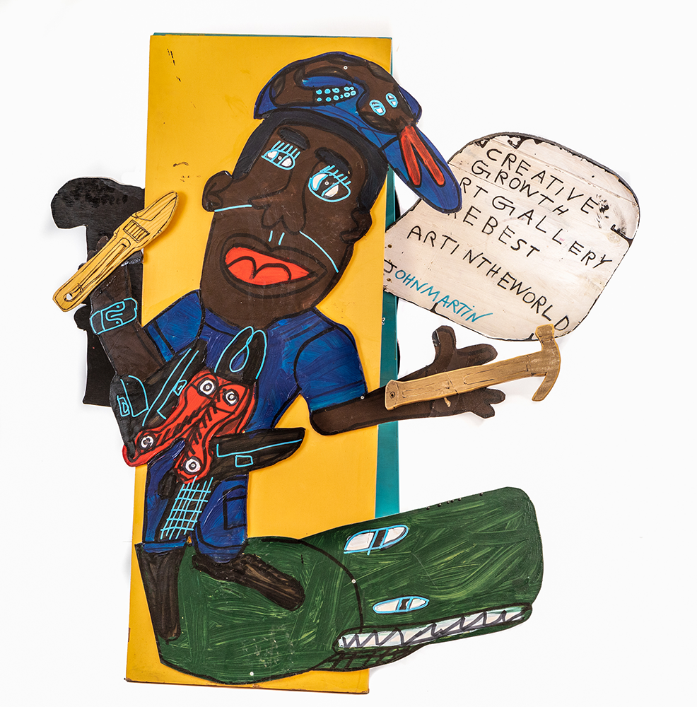 A colorful and stylized mixed media artwork featuring a figure holding tools and a sign with the text "CREATIVE GROWTH ART GALLERY THE BEST ART IN THE WORLD JOHN MARTIN".